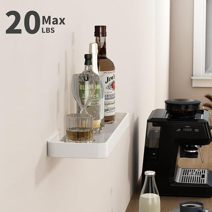 16-Inch Wall Shelf, Clear Tempered Glass with Matte White Aluminum Frame – Sleek Floating Bathroom Organizer