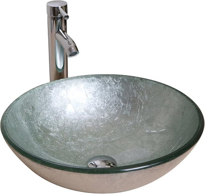 wonline Round Bathroom Foil Tempered Glass Vessel Sink With Faucet and Pop-up Drain Silver Green