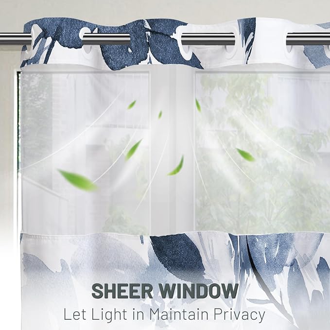 No Hook Floral Shower Curtain with Liner, Aqua Blue, 71x74 | Snap in Liner, 3 in 1, Water Repellent, Easy Install, Machine Washable, Hotel Style for Bathroom, Watercolor Pattern