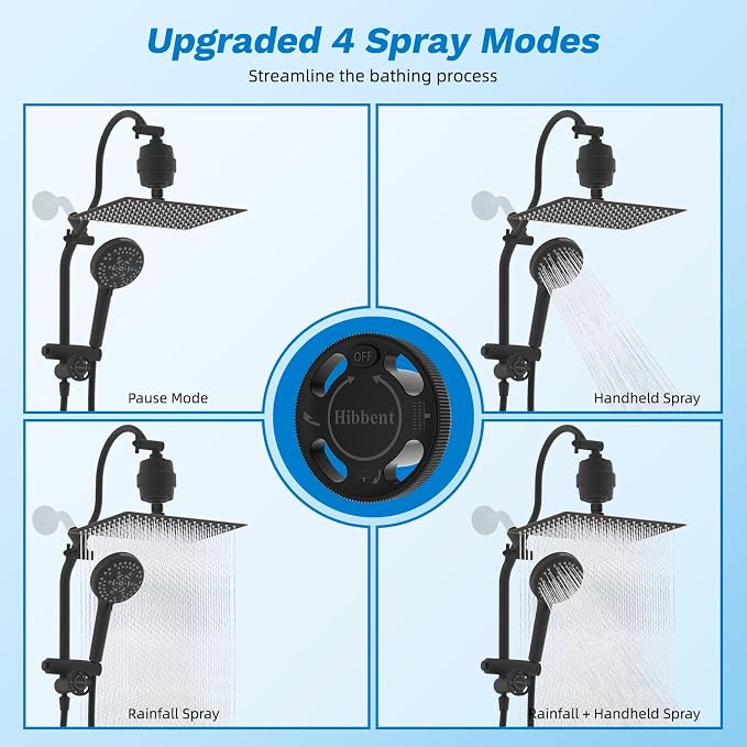 Hibbent 12" Dual Filtered 10" Rainfall Shower Head with Handheld 10-Spray | High Pressure Metal Oil-Rubbed Bronze Showerhead Combo with Filter, Extension Arm with 4-way Diverter, 71'' Hose & Holder