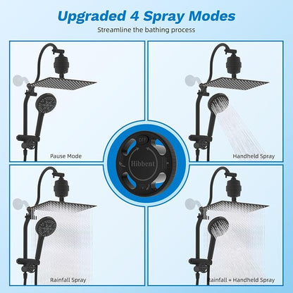 Hibbent 12" Dual Filtered 10" Rainfall Shower Head with Handheld 10-Spray | High Pressure Metal Oil-Rubbed Bronze Showerhead Combo with Filter, Extension Arm with 4-way Diverter, 71'' Hose & Holder