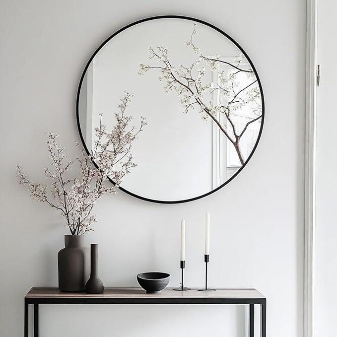 Round Mirror, 26 inch Black Circle Mirror, Matte Black Metal Frame | High Definition,Waterproof,Rust-resistant,Round Mounted Mirrors for Bathroom,Living Room,Bedroom,Hallyway,Vanity,Wall Décor