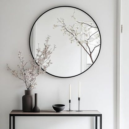Round Mirror, 26 inch Black Circle Mirror, Matte Black Metal Frame | High Definition,Waterproof,Rust-resistant,Round Mounted Mirrors for Bathroom,Living Room,Bedroom,Hallyway,Vanity,Wall Décor