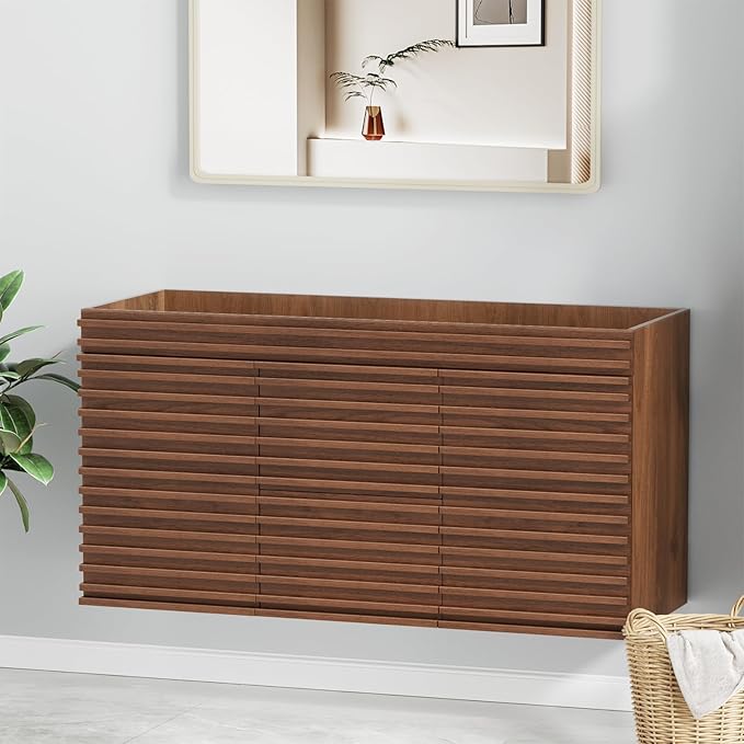 ROOMTEC 48" Bathroom Vanity, Mid-Century Wall Mounted Floating Cabinet with 2 Closing Doors, Wood Grain Texture, Walnut (Sink Basin Not Included)
