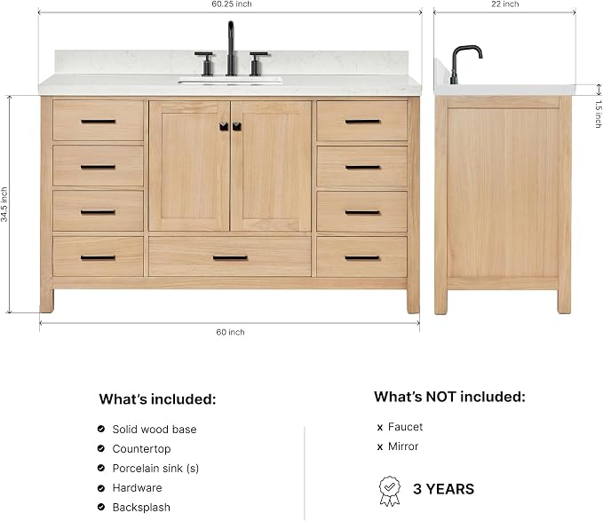 ARIEL Cambridge 60-inch Bathroom Vanity with Sink,Solid Wood, 1.5-inch Carrara White Quartz Countertop, Single Rectangular Porcelain Sink, 2 Soft Closing Doors, 9 Dovetail Drawers, White Oak