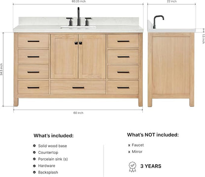 ARIEL Cambridge 60-inch Bathroom Vanity with Sink,Solid Wood, 1.5-inch Carrara White Quartz Countertop, Single Rectangular Porcelain Sink, 2 Soft Closing Doors, 9 Dovetail Drawers, White Oak
