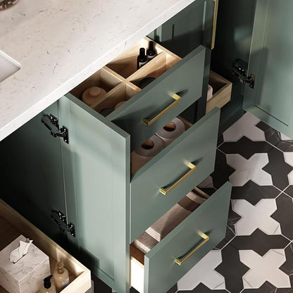 ARIEL Loren 60-inch Bathroom Vanity with Sink,Solid Wood, 1.5-inch Carrara White Quartz Countertop, Double Rectangular Porcelain Sink, 4 Soft Closing Doors, 3 Dovetail Drawers, Vintage Green