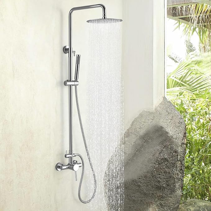 RBROHANT Outdoor Shower, Wall Mount Outdoor Shower Kit, Outside Shower Faucet with Height Adjustable Rain Shower and Handheld, Exposed Shower System for Pool, Wall Mounted, Polished Chrome, JK0146