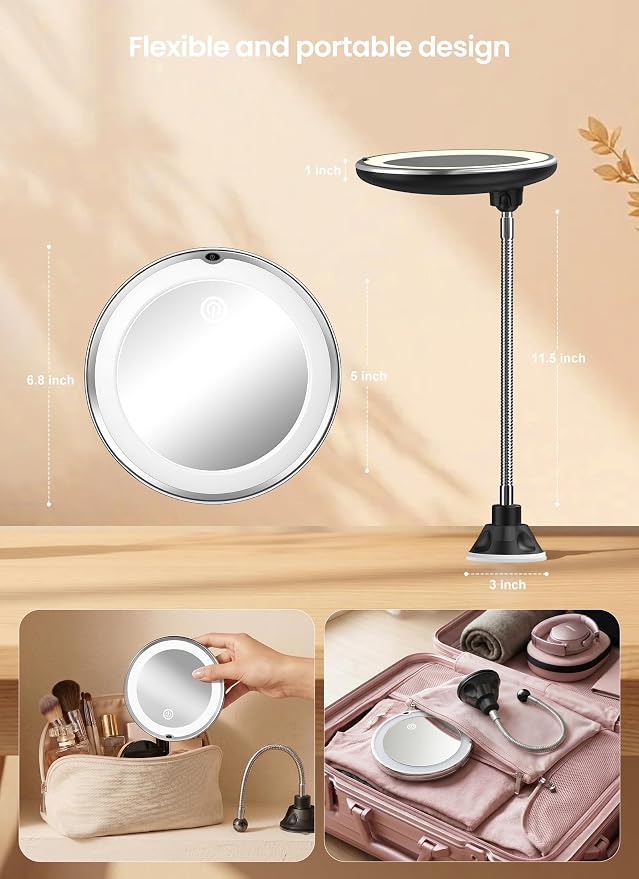 10x Makeup Mirror with Lights, Flexible Magnifying Mirror 3 Light Modes | Wall-Mounted Lighted Vanity Makeup Mirror, Cordless Battery Operated LED Mirror with Suction Cups for Shower Bathroom
