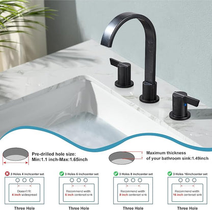 Midanya 8 Inch Widespread Bathroom Sink Faucet 3 Hole,Oil Rubbed Bronze | Waterfall Swivel Spout,2 Handle,SUS304,with Pop Up Drain,cUPC 24" Water Hose,for 6-16” hole distance vanity,RV,Farmhouse Sink
