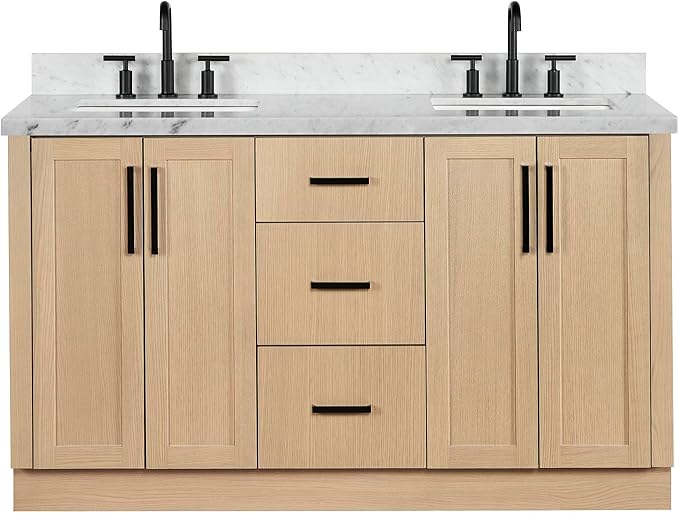 ARIEL Loren 60-inch Bathroom Vanity with Sink,Solid Wood, 1.5-inch Italian Carrara Marble Countertop, Double Rectangular Porcelain Sink, 4 Soft Closing Doors, 3 Dovetail Drawers, Natural Oak