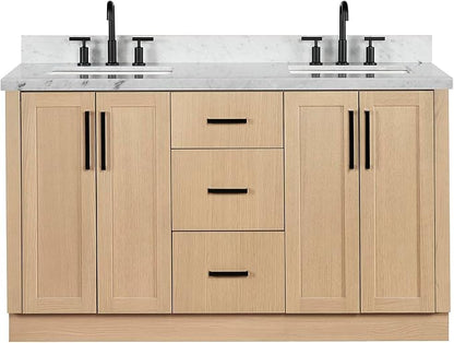 ARIEL Loren 60-inch Bathroom Vanity with Sink,Solid Wood, 1.5-inch Italian Carrara Marble Countertop, Double Rectangular Porcelain Sink, 4 Soft Closing Doors, 3 Dovetail Drawers, Natural Oak