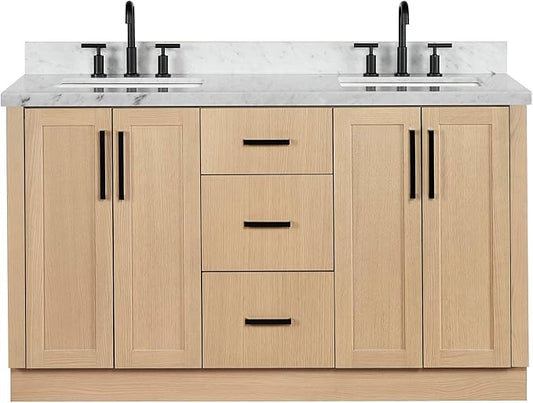 ARIEL Loren 60-inch Bathroom Vanity with Sink,Solid Wood, 1.5-inch Italian Carrara Marble Countertop, Double Rectangular Porcelain Sink, 4 Soft Closing Doors, 3 Dovetail Drawers, Natural Oak