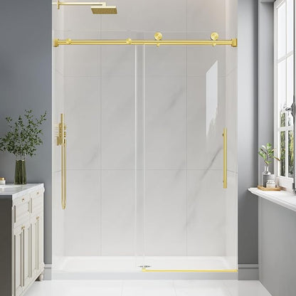 55-60" W x 76" H Frameless Sliding Shower Doors Brushed Gold | 1/4''(6mm) Tempered Glass,Explosion Proof Film,Nano Coating,Stainless Steel Hardware,Easy to Clean,Customizable Width