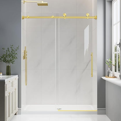 43-48" W x 76" H Frameless Sliding Shower Doors Brushed Gold | 1/4''(6mm) Tempered Glass,Explosion Proof Film,Nano Coating,Stainless Steel Hardware,Easy to Clean,Customizable Width