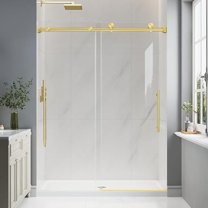 49-54" W x 76" H Frameless Sliding Shower Doors Brushed Gold | 1/4''(6mm) Tempered Glass,Explosion Proof Film,Nano Coating,Stainless Steel Hardware,Easy to Clean,Customizable Width