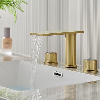 becola Brushed Gold Bathroom Faucet 3 Hole, 8 inch Widespread Bathroom Faucet with Top Storage, Waterfall Bathroom Faucet，2-Handle Modern Vanity Faucet with Adjust Knobs and Two Supply Lines