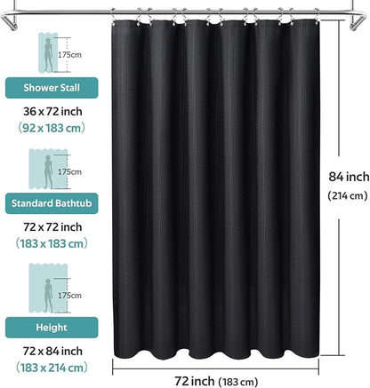 3 in 1 Shower Curtain Set, Waffle Shower Curtain and Liner Set with 12 Double Sided Shower Curtain Hooks, 258GSM Luxury Weighted Cloth Shower Curtains for Bathroom, 72 W x 84 H, Black