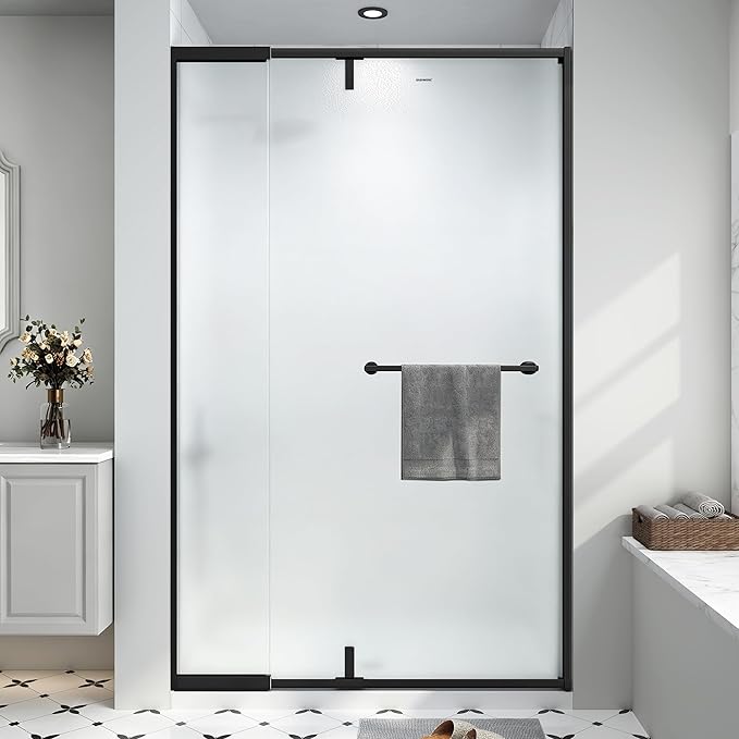 36-42" W x 72" H Frosted Pivot Shower Glass Door Matte Black | 1/4"(6mm) SGCC Tempered Glass with Explosion-Proof Film &Nano Coating,Customizable Width