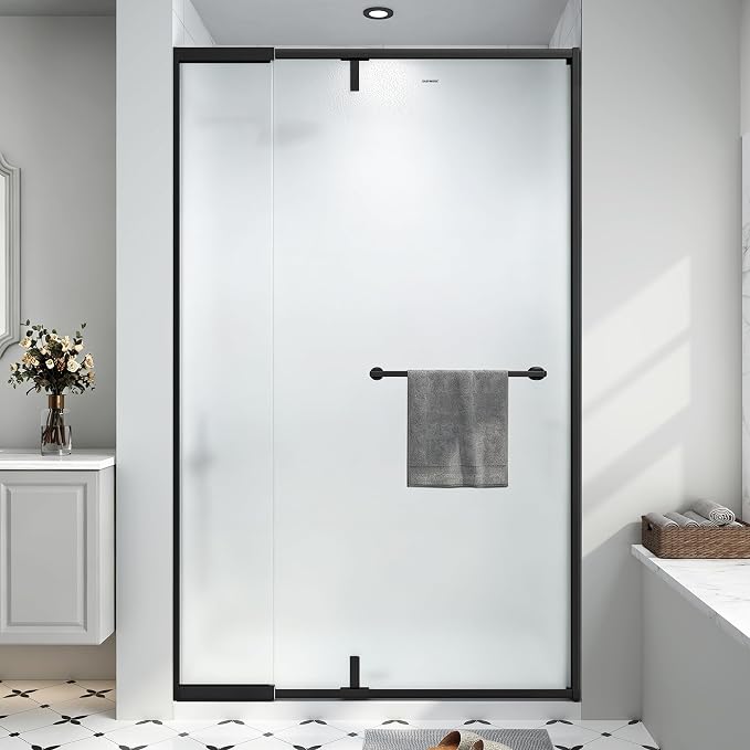 42-48" W x 72" H Frosted Pivot Shower Glass Door Matte Black | 1/4"(6mm) SGCC Tempered Glass with Explosion-Proof Film &Nano Coating,Customizable Width