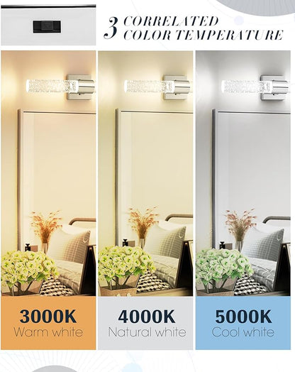 Chrome Vanity Lights, HWH LED Bathroom Lights Over Mirror 11W with Bubble Glass, Modern Wall Sconce Crystal Wall Light Fixtures, 3000K/4000K/5000K Dimmable, 5HW76B-LED CH
