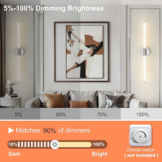 LED Bathroom Vanity Lights Chrome Wall Sconce Modern 30" | 360° Bright Bathroom Light Fixture, Dimmable Vanity Light, Hardwired Wall Light 4000K for Mirror