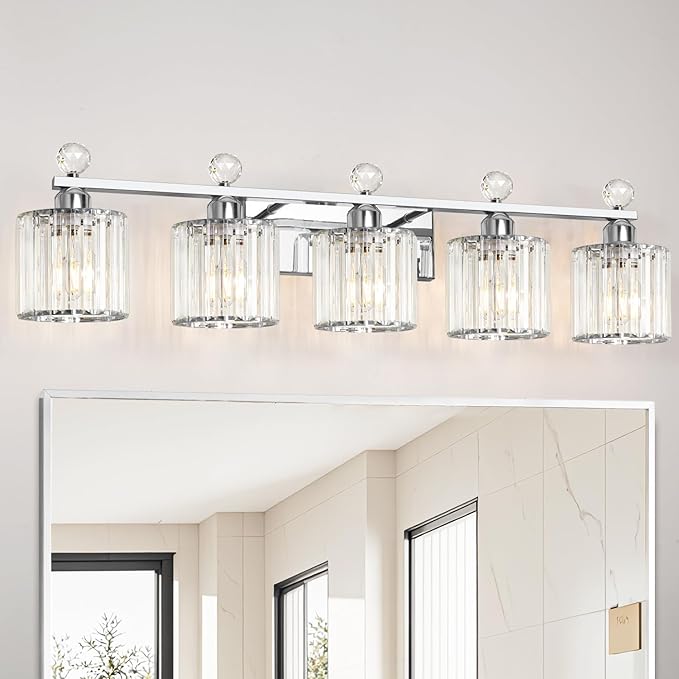 5 Light Bathroom Vanity Light, Modern Crystal Bathroom Ligth Fixture, Chrome Vanity Lights, Light Fixtures Above Mirror, Wall Lamp for Mirror Living Room Cabinet Bedroom Porch