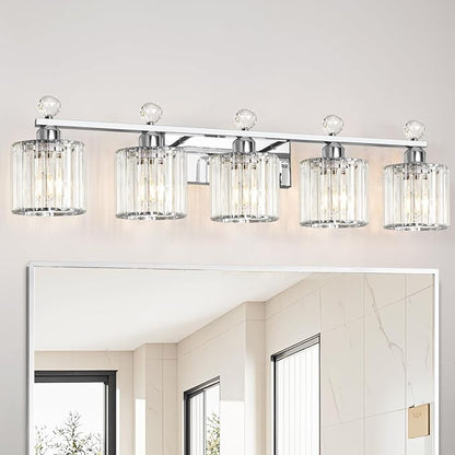 5 Light Bathroom Vanity Light, Modern Crystal Bathroom Ligth Fixture, Chrome Vanity Lights, Light Fixtures Above Mirror, Wall Lamp for Mirror Living Room Cabinet Bedroom Porch
