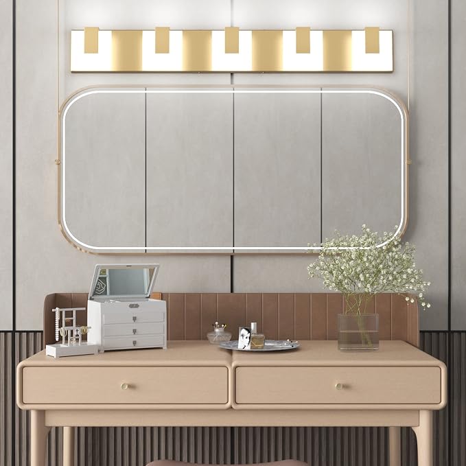 Aipsun Gold Bathroom Vanity Lighting Fixtures Modern LED 5 Lights Vanity Light for Bathroom Up and Down Wall Light Fixtures 6000K