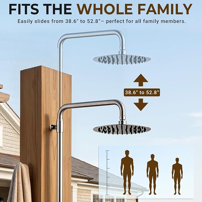 316 Marine-Grade Stainless Steel Wall-Mount Outdoor Shower Kit | SUS 316 Stainless Steel, Easy Install, Height Adjustable, Exposed Wall-Mount, for Beach, Coastal & Backyard Homes