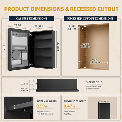 24x30 Black Medicine Cabinet Mirror, Recessed or Surface Mount | Built-in makeup organizer with lipstick slots, Brush holders and inner mirror; 3 adjustable shelves; Rustproof aluminum