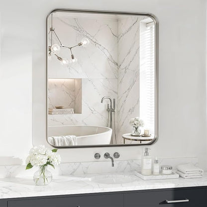30x36 Inch Silver Metal Framed Bathroom Mirror for Wall, HD Tempered Glass | Vanity Mirror for Over Sink, Anti-Rust Aluminum Alloy Mirror, Farmhouse, Horizontally or Vertically Hanging