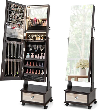 CHARMAID Rolling Jewelry Armoire with Full Length Mirror, Lockable Standing Jewelry Cabinet Organizer with Wheels & 3-Color Lights, Mirror with Jewelry Storage, Drawers & Shelves (Espresso)