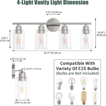 Espird Bathroom Vanity Light Fixtures Brushed Nickel,4 Lights Rustic Farmhouse Vanity Bar Lighting Over Mirror Modern Industrial Wall Sconces Lamp with Cylinder Glass Shade