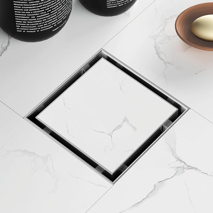 4 Inch Square Shower Drain with Tile Insert Grate, Brushed | 304 Stainless Steel, Square Tile Floor Drain for Bathroom, Removable Tile-In Drain Grate with Hair Strainer, cUPC Certified