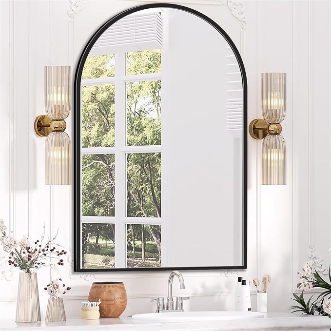 Antok Arched Bathroom Mirror, 26"x38" Wall Mounted Mirror, Vanity Mirrors for Over Sink, Aluminum Alloy Frame Bathroom Mirrors Living Room, Bedroom and Entryway, Black