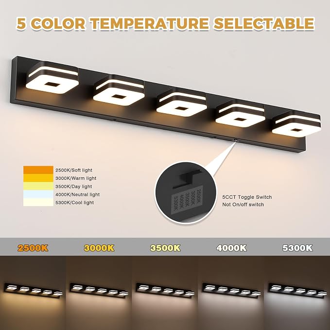 Modern Bathroom Vanity Light Fixture, 34" 5-Light Dimmable LED Wall Sconce Over Mirror, Matte Black Acrylic Vanity Lights for Bathroom, 5CCT Adjustable, Indoor Use