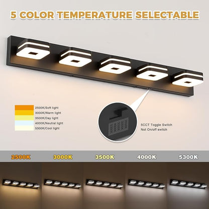 Modern Bathroom Vanity Light Fixture, 34" 5-Light Dimmable LED Wall Sconce Over Mirror, Matte Black Acrylic Vanity Lights for Bathroom, 5CCT Adjustable, Indoor Use