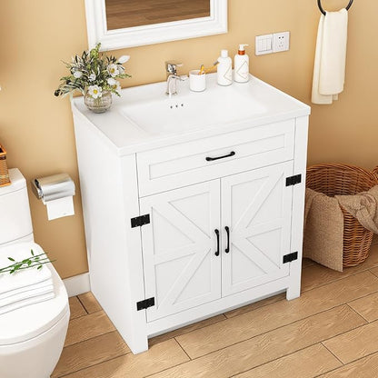 Bathroom Vanity, 24" Bathroom Vanity with Ceramic Sink, Farmhouse Bathroom Vanity Cabinet for Small Space, Freestanding Storage Cabinet with Shelf, 2 Doors, Easy Assembly
