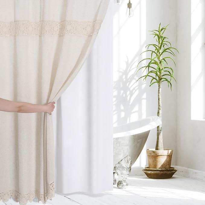 Linen Boho Lace Shower Curtain Liner Set 72x78 | Long Farmhouse Shower Curtain with Macrame Decor, Cotton Bohemian French Country Bath Curtain , Beige/Cream