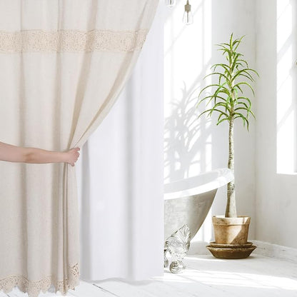 Linen Boho Lace Shower Curtain Liner Set 72x84 | Extra Long Farmhouse Shower Curtain with Macrame Decor, Cotton Bohemian French Country Bath Curtain , Beige/Cream