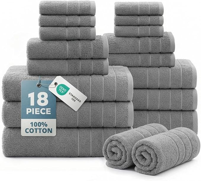 Casa Platino Bath Towel Set 100% Cotton 18 Piece Soft Absorbent - Cool Grey | Cotton Bath Towels - Densely Woven, Coordinated Colors, Dobby Border Accent, OEKO-TEX Certified, Ring-Spun Durability