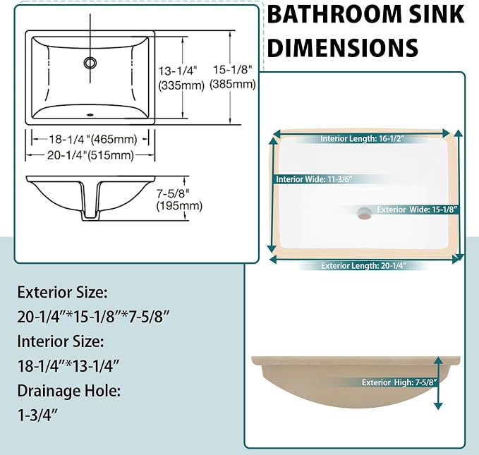 20-1/4“x15-1/8” White Ceramic Undermount bathroom sink | Under Counter Lavatory Vanity Sinks Basin for Bathroom