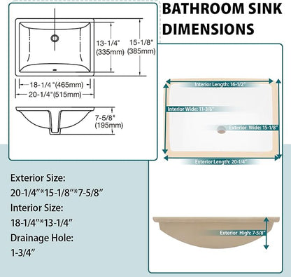 20-1/4“x15-1/8” White Ceramic Undermount bathroom sink | Under Counter Lavatory Vanity Sinks Basin for Bathroom