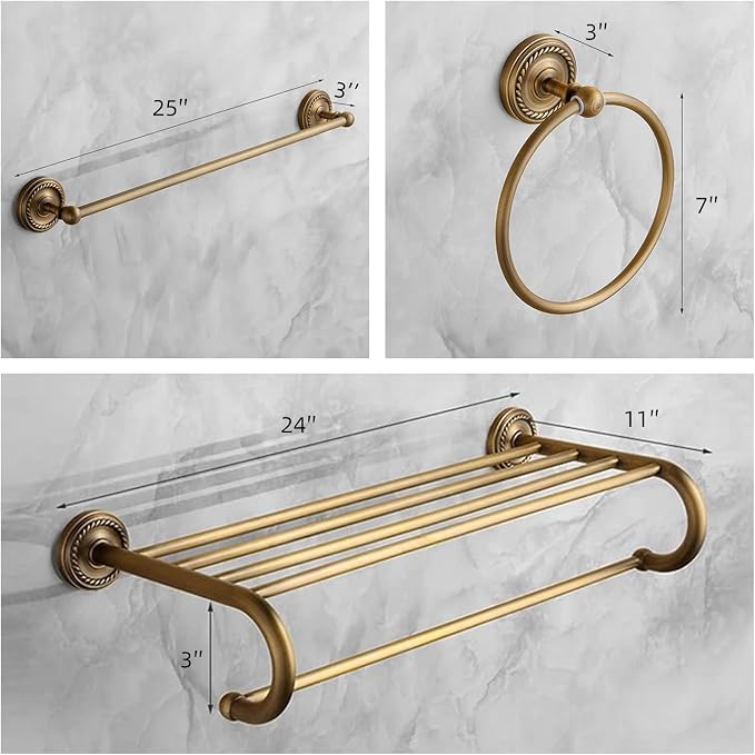 7 Piece Antique Brass Gold Bathroom Accessories Set - TooCust Brushed Brass 24” Double Towel Holder & Towel Bar - Wall Mounted Bathroom Hardware Kit