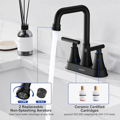 Matte Black Bathroom Sink Faucet, Hurran 4 inch Bathroom Faucets for Sink 3 Hole with Pop-up Drain and Supply Lines, Stainless Steel 2-Handle Centerset Faucet for Vanity RV Restroom