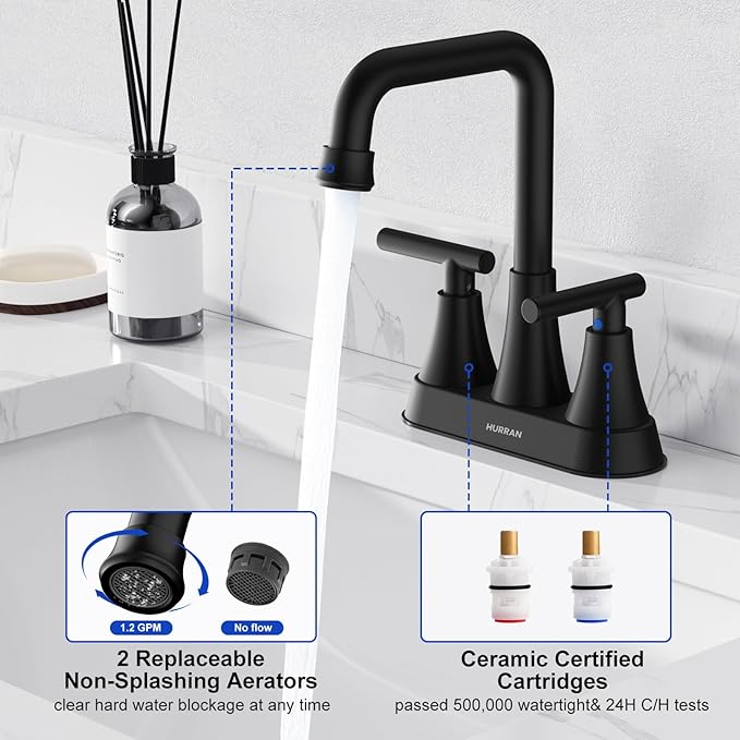 Matte Black Bathroom Sink Faucet, Hurran 4 inch Bathroom Faucets for Sink 3 Hole with Pop-up Drain and Supply Hoses, 360 Swivel Spout Centerset Faucet for Vanity RV Farmhouse, 2 Pack