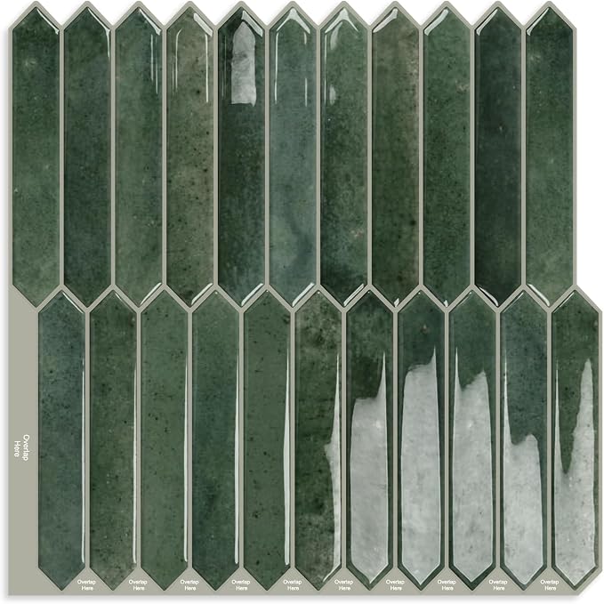 10 Sheets Long Hexagon Tile Peel and Stick Backsplash | Self-Adhesive Wall Tiles Stick on Back Splash for Kitchen, Bathroom, Fireplace,RV(Green,12"×12")