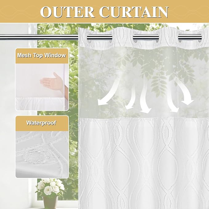 Yinhua No Hook Shower Curtain with Snap in Liner Set, 71" W×86" L, White | Hotel Style, See Through Top Window, Washable Waterproof, Tufted, Extra Long Hookless Curtain for Bathroom Bathtub
