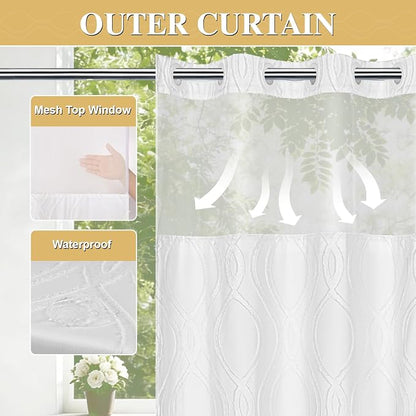 Yinhua No Hook Shower Curtain with Snap in Liner Set, 71" W×74" L, White | Hotel Style with See Through Top Window, Washable Waterproof, Tufted Textured, Hookless Curtain for Bathroom Bathtub